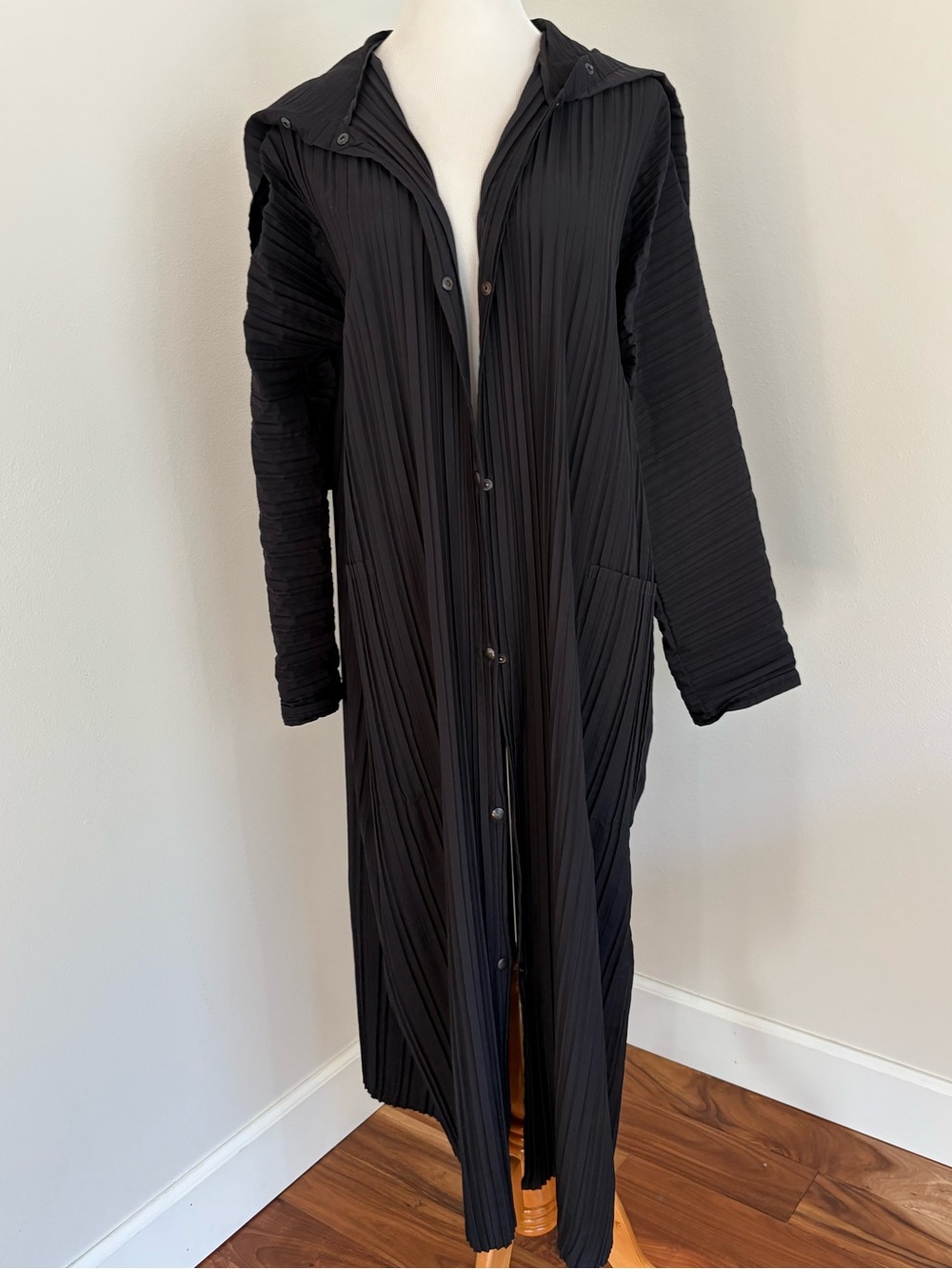 Babette Black Pleated Long Hooded Coat